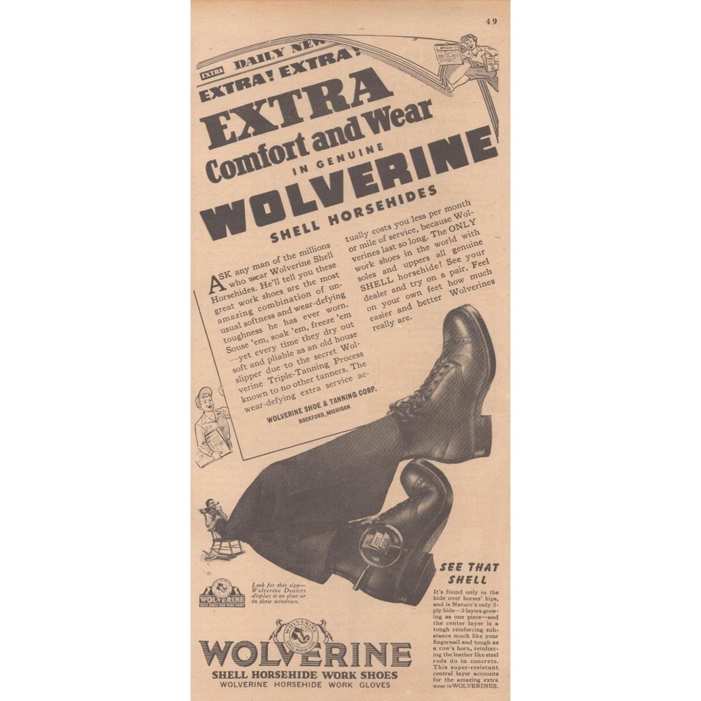 Wolverine Shell Horsehide Mid Century Work Shoes Rockford MI‎ Print Ad 1946